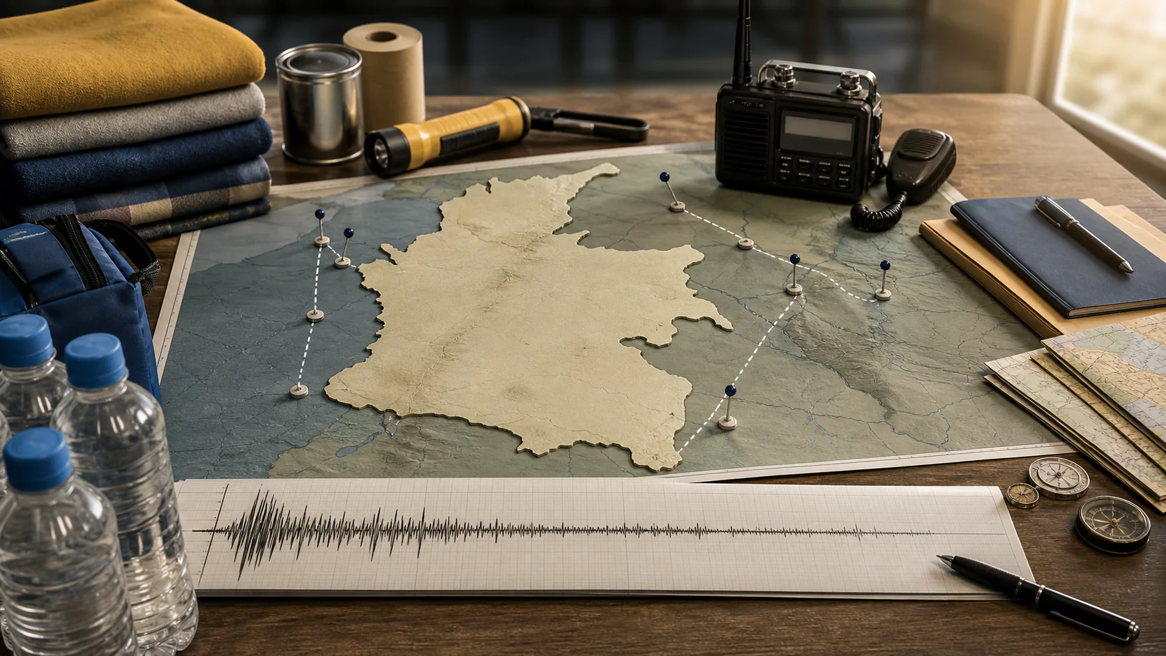 Εννοιολογική εικονογράφηση σχεδιασμού σεισμικής παρακολούθησης και ανθρωπιστικής απόκρισης στην Κολομβία με χάρτη, σεισμογράφημα και εφόδια· δεν απεικονίζει πραγματικές ζημιές.