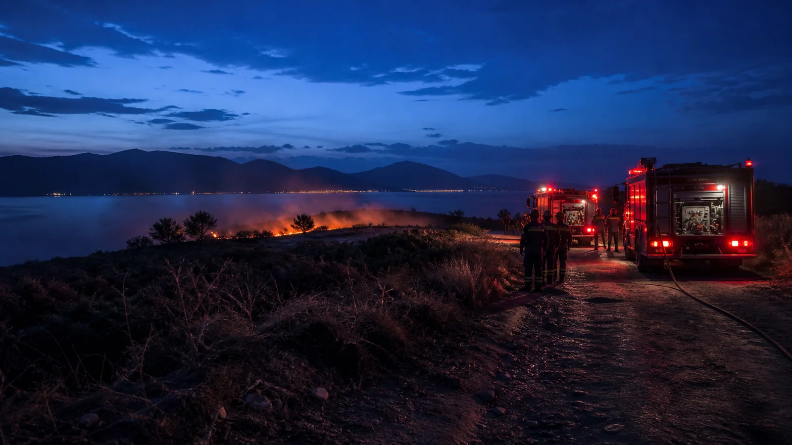 Conceptual AI-generated editorial image of an overnight wildfire suppression operation on a Mediterranean island; not a photograph of the Salamina fire