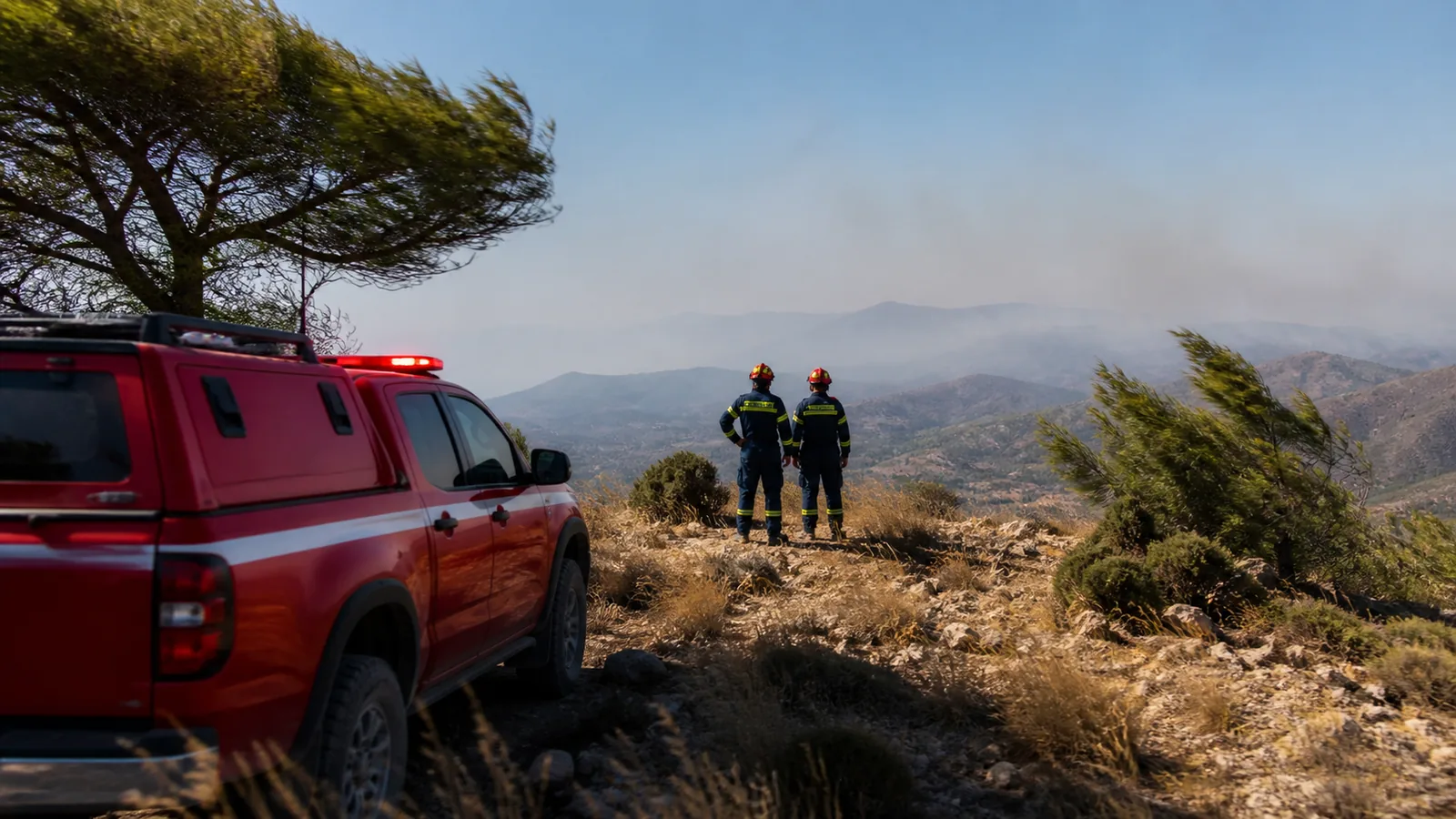 Conceptual AI-generated editorial image of wildfire-readiness crews in a windy Greek landscape; not a photo of a specific fire