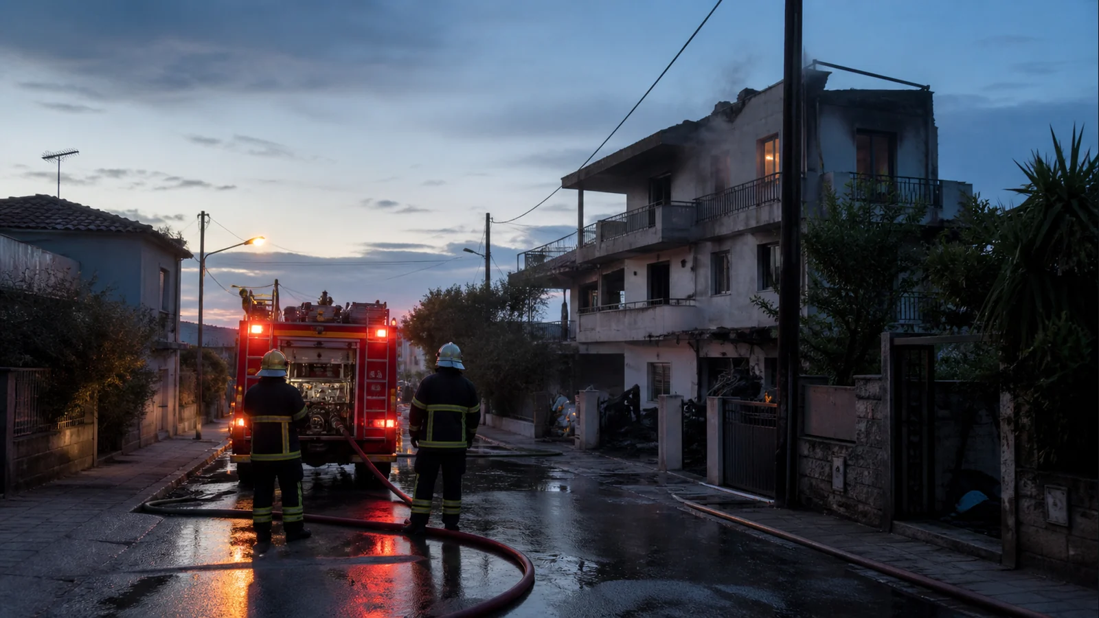 Conceptual AI-generated editorial image of firefighters after a residential fire response on a generic Mediterranean street; not a photograph of the Milos or Zografou incidents