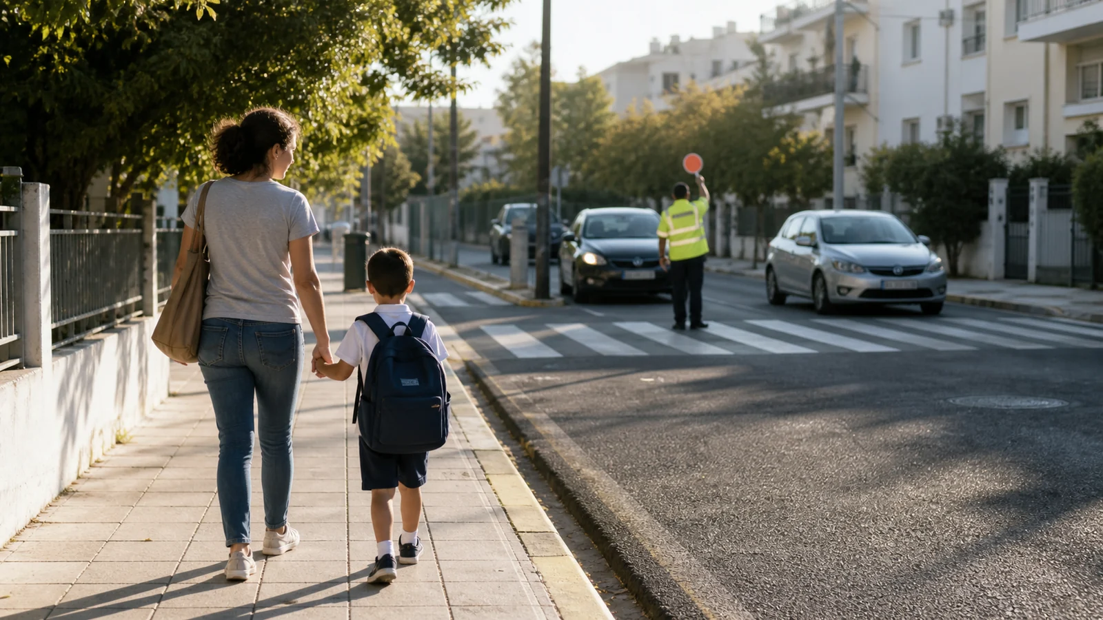 Εικονογραφική αστική σκηνή με γονέα και παιδί που εξασκούνται σε ασφαλή διάβαση προς το σχολείο.