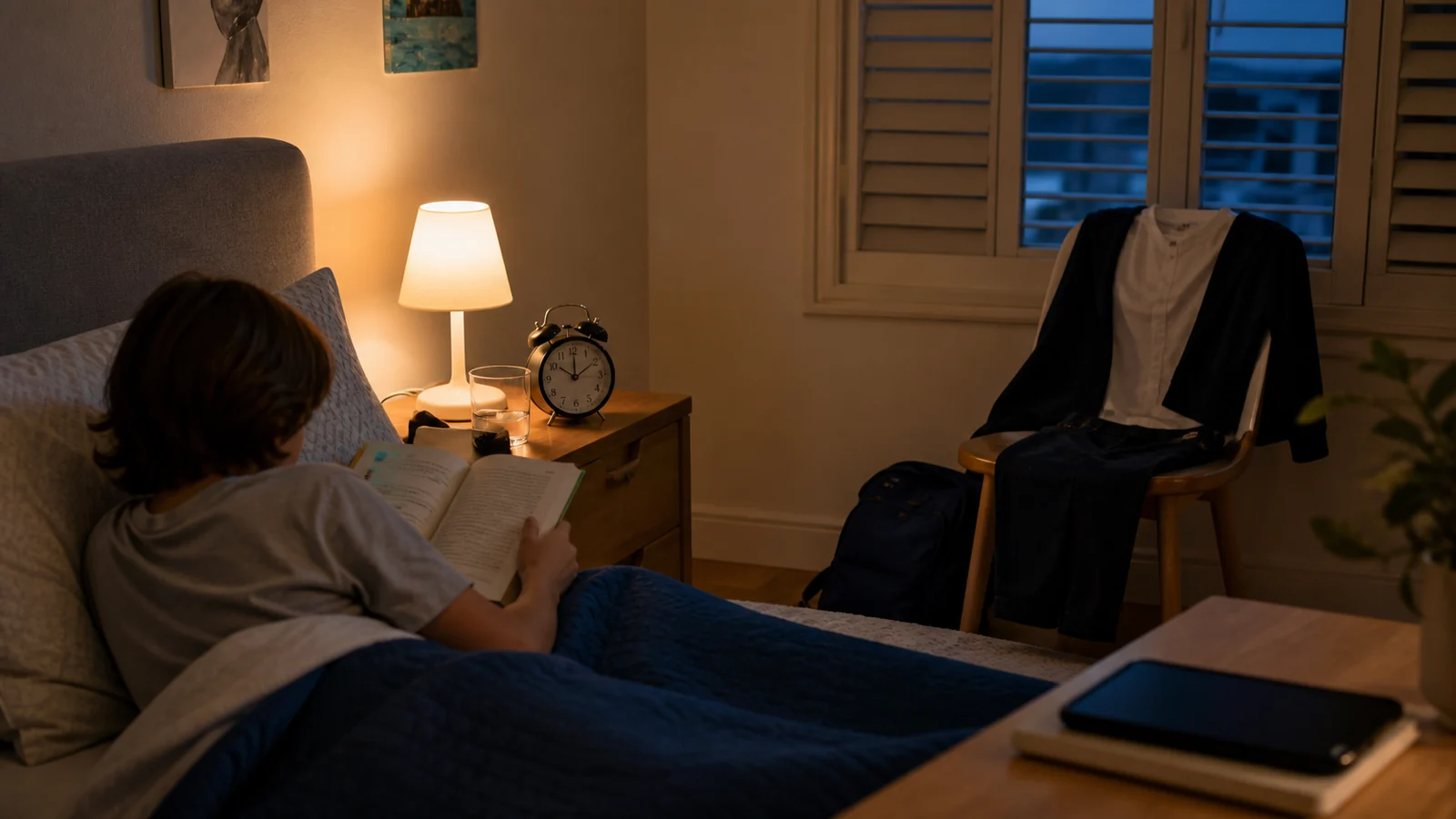Εικονογραφική βραδινή σκηνή με σχολική τσάντα έτοιμη, ρολόι και χαμηλό φωτισμό.
