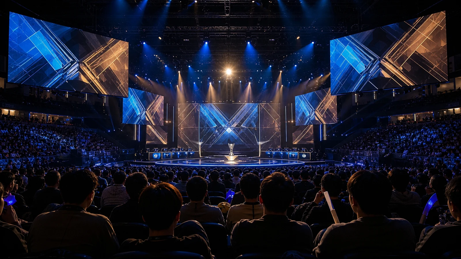Σκηνή πρωταθλήματος esports με κοινό, οθόνες και θέσεις αγώνα.