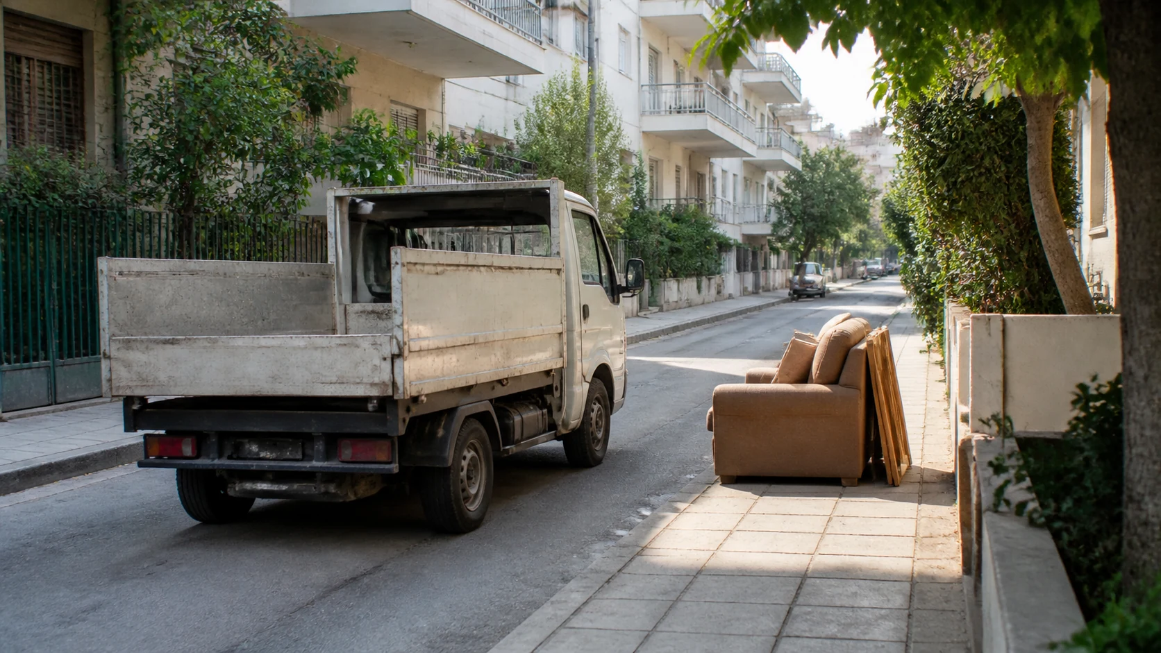 Πρωτότυπη εννοιολογική εικόνα μικρού μη επώνυμου οχήματος συλλογής κοντά σε τακτοποιημένο ογκώδες αντικείμενο σε δρόμο της Αθήνας