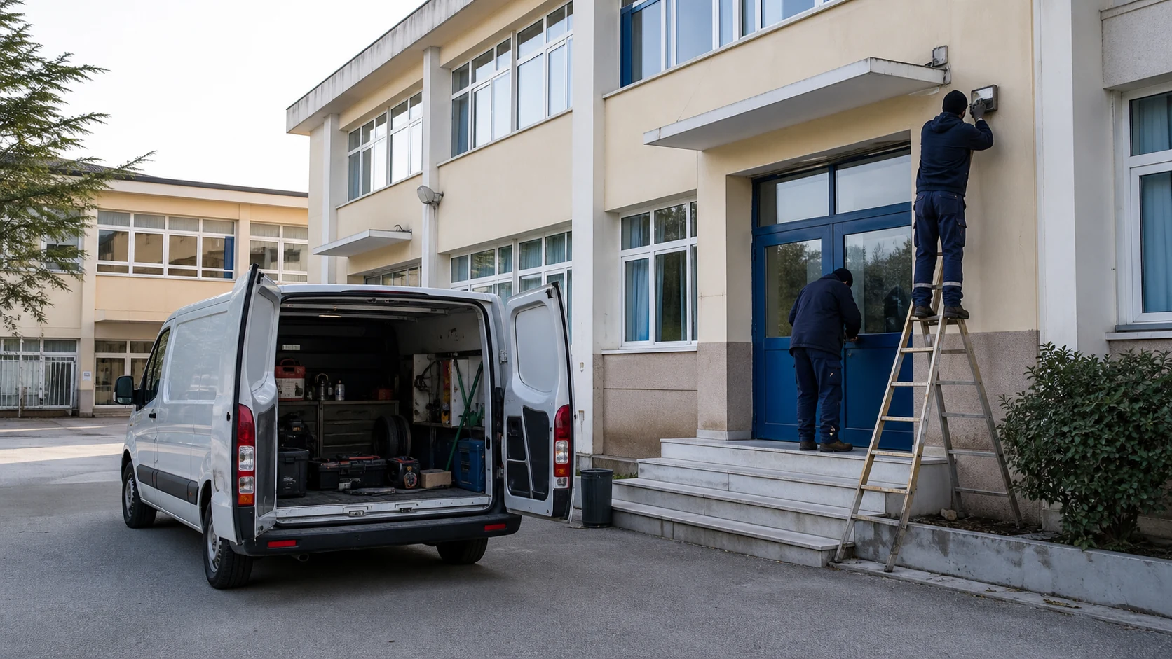 Πρωτότυπη εννοιολογική εικόνα μη επώνυμου συνεργείου που εκτελεί μικρές επισκευές σε άδειο σχολικό κτίριο