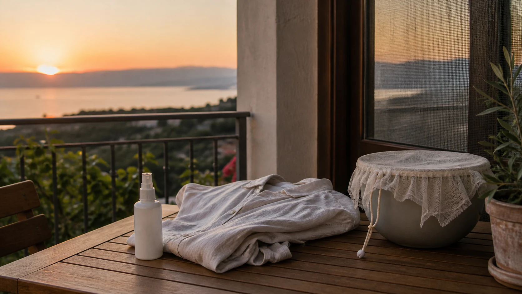 Πρωτότυπη εννοιολογική εικόνα με μη επώνυμο εντομοαπωθητικό, μακρυμάνικο ρούχο, σήτα και καλυμμένο δοχείο σε ελληνικό μπαλκόνι