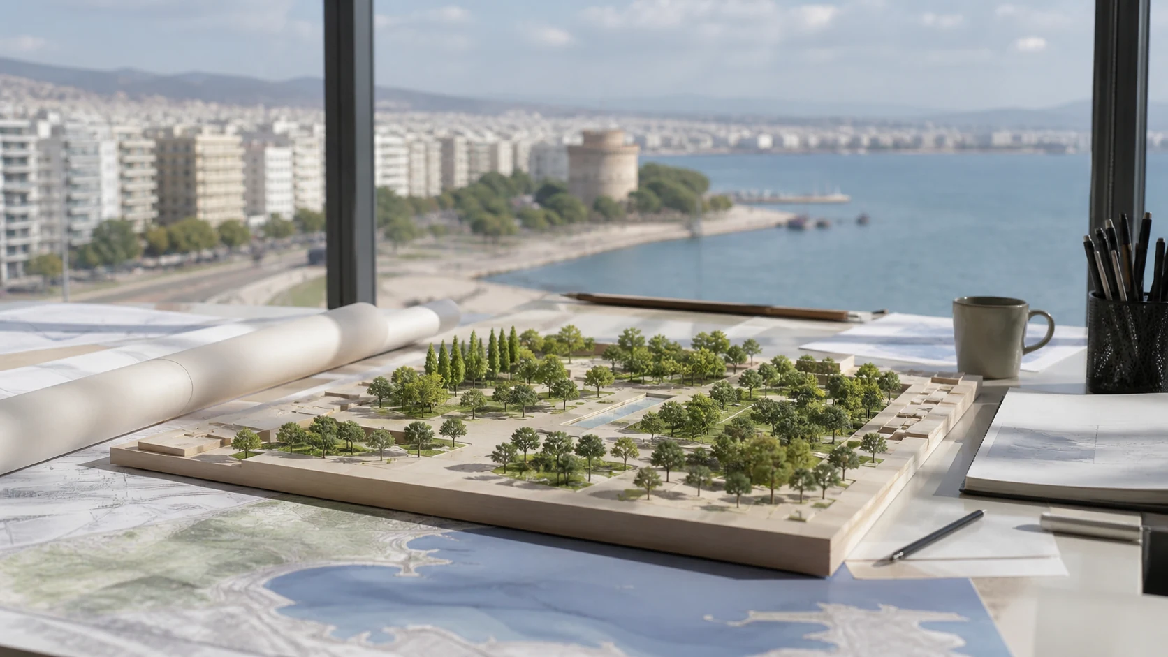 Πρωτότυπη εννοιολογική εικόνα μακέτας πράσινου αστικού πάρκου και μη αναγνώσιμων πολεοδομικών σχεδίων