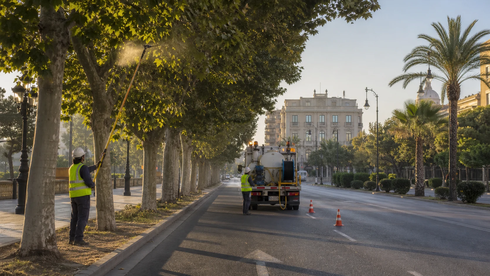Πρωτότυπη εννοιολογική εικόνα συνεργείου φυτοπροστασίας σε δενδροστοιχία μεσογειακής λεωφόρου