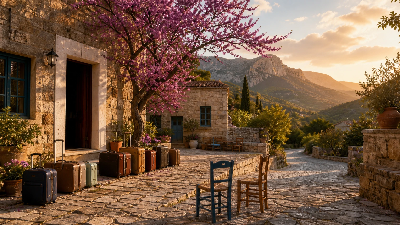 Εννοιολογικό φανταστικό ορεινό χωριό με βαλίτσες και ανθισμένη κουτσουπιά· δεν απεικονίζει πραγματικό χωριό, σκηνικό ή πλάνο της σειράς.