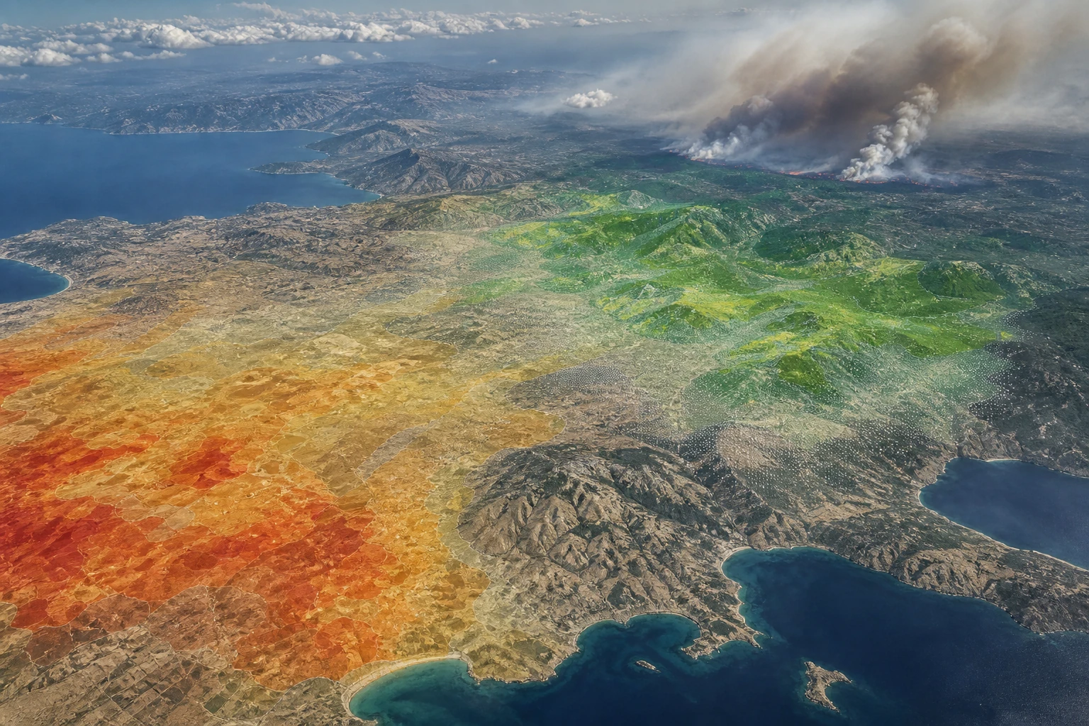 Πρωτότυπη εννοιολογική συντακτική εικόνα για το θέμα «Earth-observation data track wildfires, drought and extreme heat»· δεν απεικονίζει το πραγματικό γεγονός, πρόσωπα ή την εικόνα της πηγής.