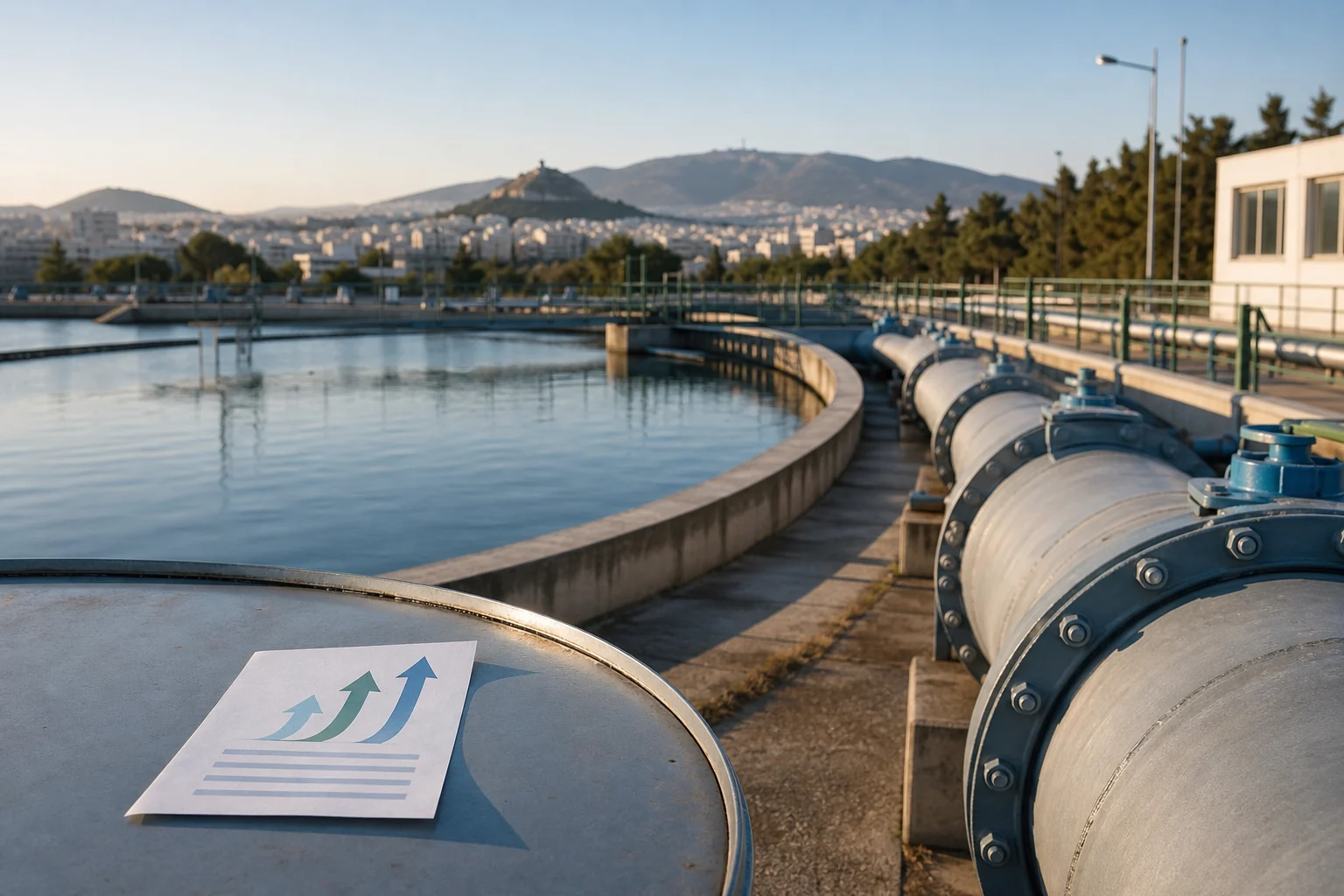 Εννοιολογική δημοσιογραφική εικόνα εγκαταστάσεων νερού και αγωγών με την Αθήνα στο βάθος.