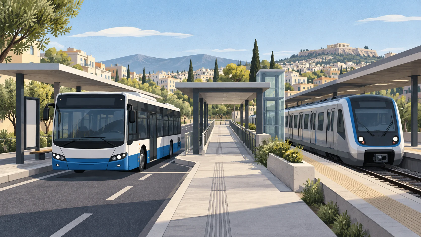 Εικονογράφηση AI λεωφορείου και συρμού σε φανταστικό σταθμό μετεπιβίβασης.