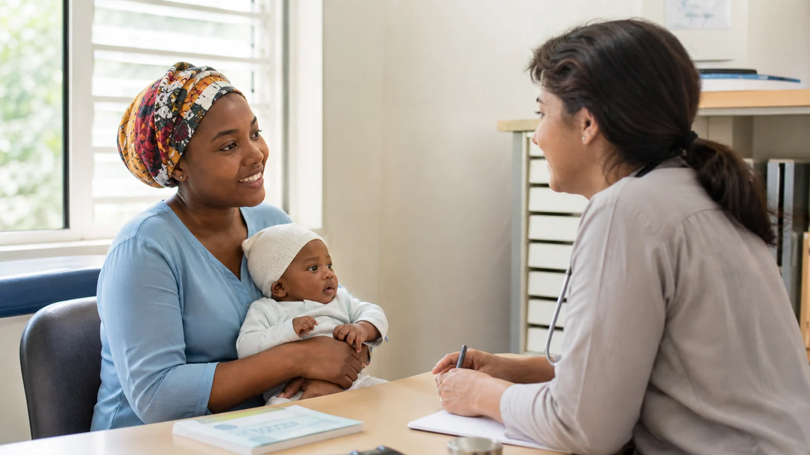 Conceptual editorial image of a mother and infant speaking with a health professional