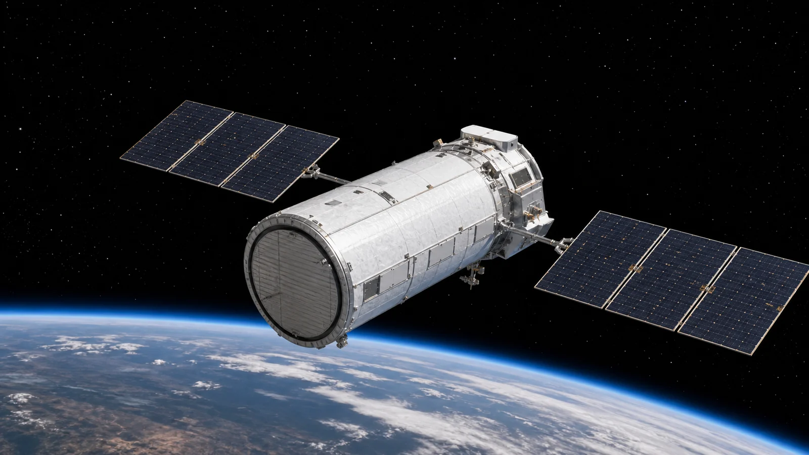 Conceptual editorial illustration of a barrel-shaped space telescope above Earth