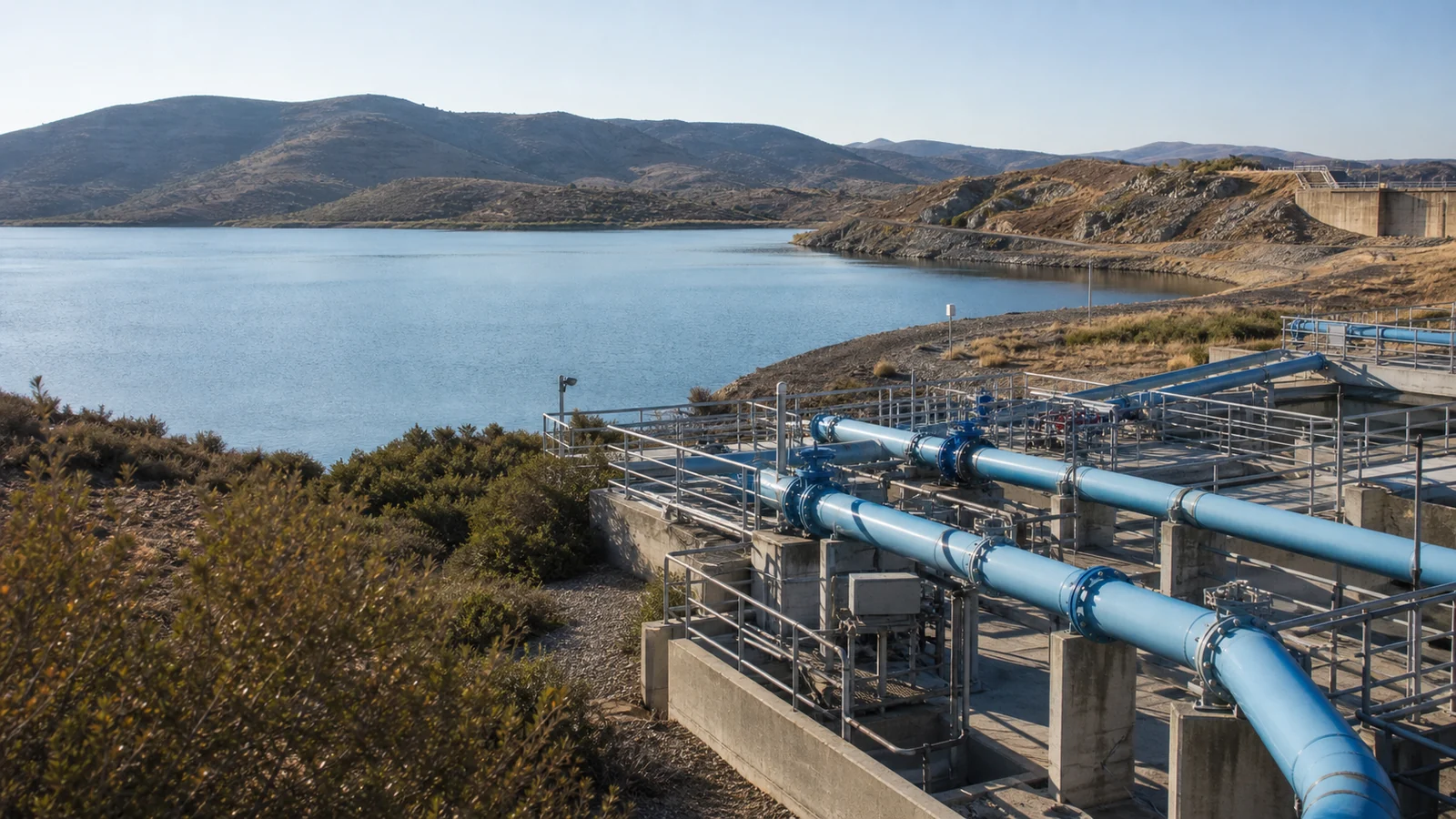 Conceptual editorial view of a reservoir and water infrastructure in a Mediterranean landscape